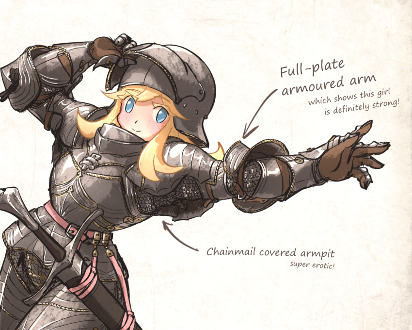 1girl armor blonde_hair blue_eyes brown_gloves chainmail cowboy_shot dutch_angle english_commentary english_text gloves helmet ironlily looking_at_viewer original plate_armor sheath sheathed sidelocks simple_background smile solo sword visor_lift weapon white_background
