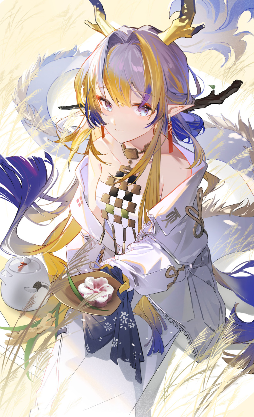 1girl arknights bare_shoulders bellflower blonde_hair blue_hair blush calamitouscat chinese_bellflower closed_mouth collarbone day dragon_girl dragon_horns dragon_tail earrings eyeliner field flower from_above grey_hair hair_between_eyes highres holding holding_plate horns jacket jewelry legs_together looking_at_viewer looking_up makeup multicolored_hair necklace off_shoulder open_clothes open_jacket outdoors pants pink_flower plate red_eyeliner rice_(plant) shirt shu_(arknights) sidelocks sitting smile solo strapless strapless_shirt streaked_hair tail tassel tassel_earrings teapot white_jacket white_pants white_shirt