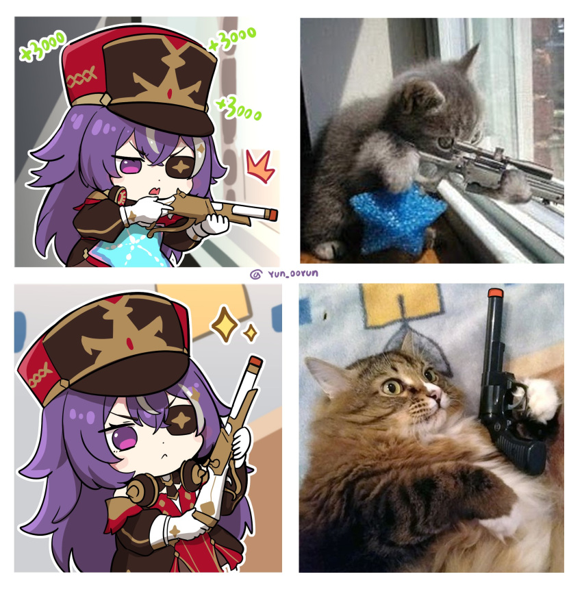 :&lt; aiming animal cat chevreuse_(genshin_impact) closed_mouth colt_python firing genshin_impact gun handgun hat healing highres holding holding_weapon korean_commentary long_hair multicolored_hair ooyun open_mouth purple_hair red_headwear revolver rifle sniper_rifle streaked_hair twitter_username v-shaped_eyebrows violet_eyes weapon