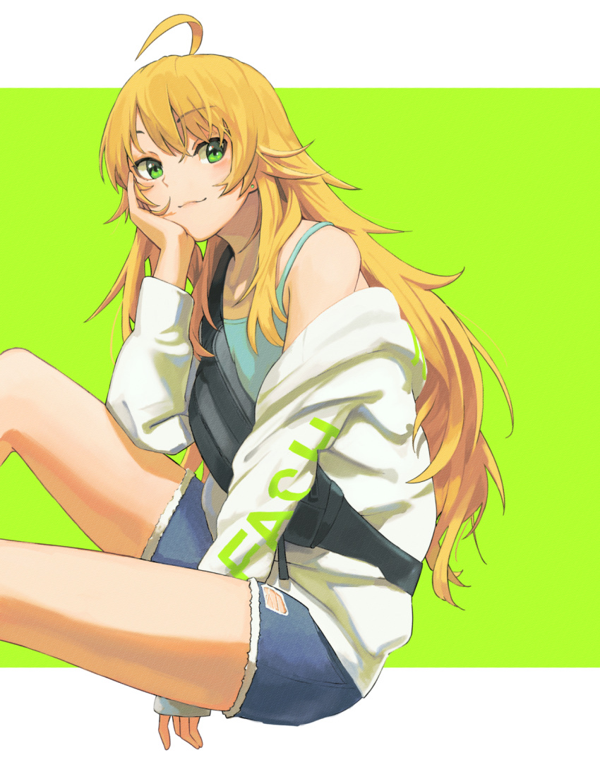 1girl ahoge bag between_legs blonde_hair blue_shirt blush border breasts closed_mouth collarbone denim denim_shorts dot_nose epitaph_(1122) from_side green_background green_eyes hand_between_legs hand_on_own_face hand_up highres hoshii_miki idolmaster idolmaster_(classic) idolmaster_million_live! idolmaster_million_live!_theater_days jacket knee_up large_breasts long_hair long_sleeves looking_at_viewer open_clothes open_jacket outside_border shirt shorts simple_background single_bare_shoulder single_off_shoulder sitting sleeveless sleeveless_shirt sleeves_past_wrists smile solo torn_clothes torn_shorts white_border white_jacket