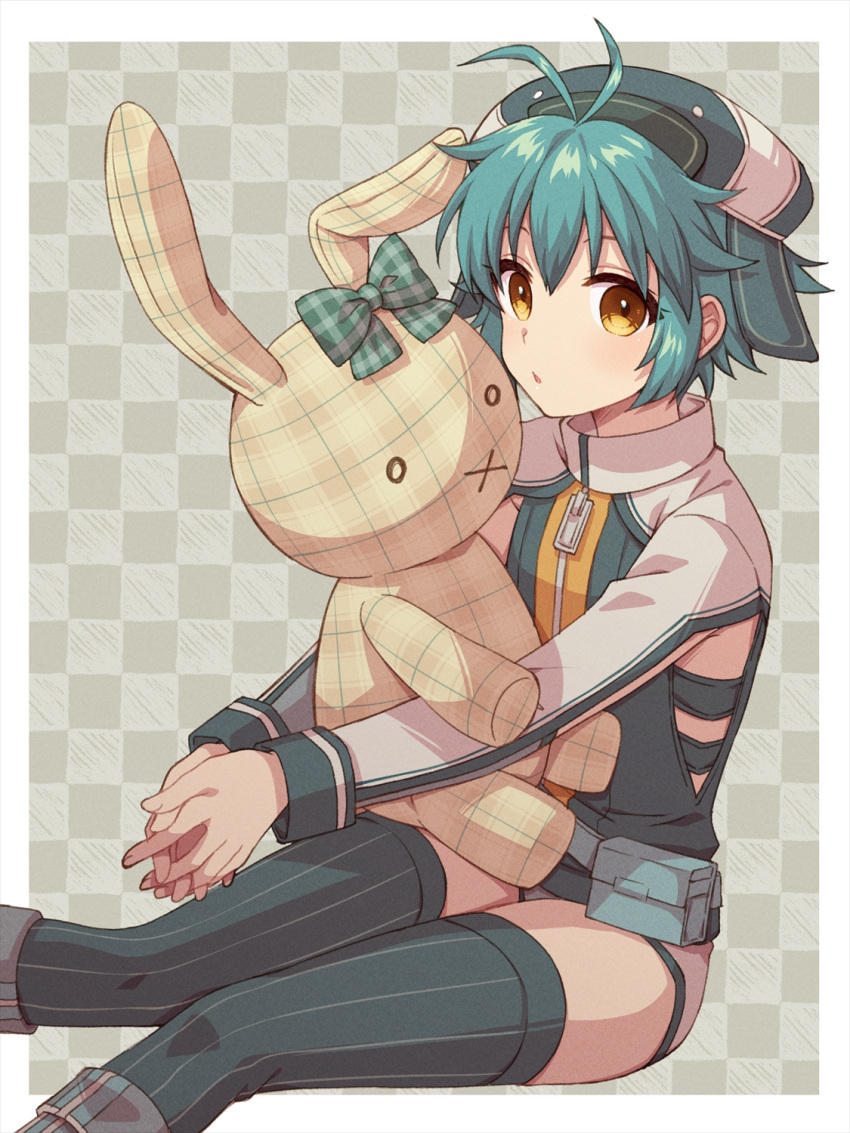 1girl :o antenna_hair blue_hair blue_headwear border brown_eyes checkered_background chihiro_(chihiro3399) commentary eiyuu_densetsu eyelashes feet_out_of_frame grey_background highres knees_together_feet_apart looking_at_viewer millium_orion outside_border own_hands_together parted_lips pouch sen_no_kiseki sen_no_kiseki_iii short_hair simple_background sitting solo stuffed_animal stuffed_rabbit stuffed_toy white_border zipper zipper_pull_tab