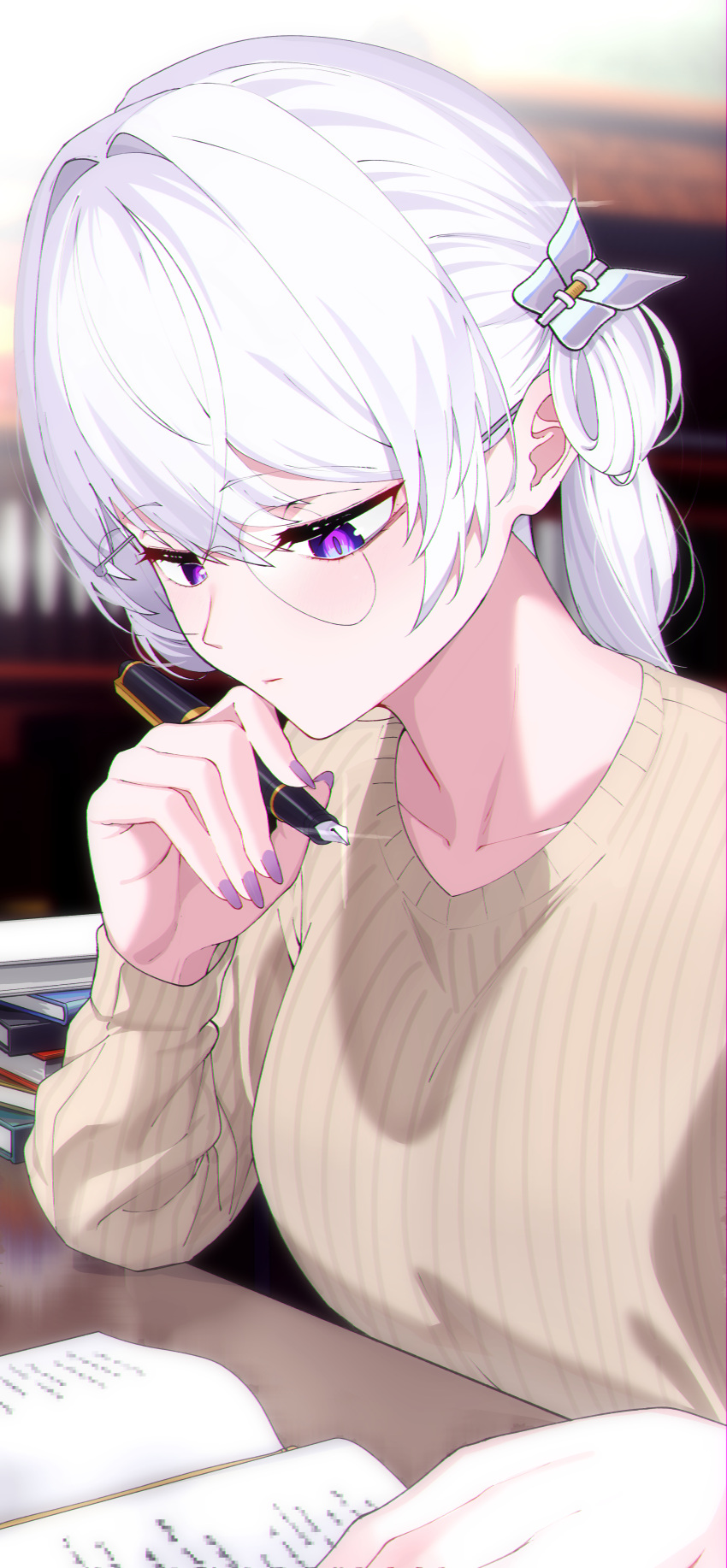 1girl absurdres elbow_rest glasses hair_intakes hair_ornament hairclip highres holding holding_pen ine_(vtuber) jirari long_sleeves looking_down nib_pen_(object) notebook pen purple_nails ribbed_sweater side_ponytail solo studying sweater table violet_eyes virtual_youtuber waktaverse white_hair yellow_sweater