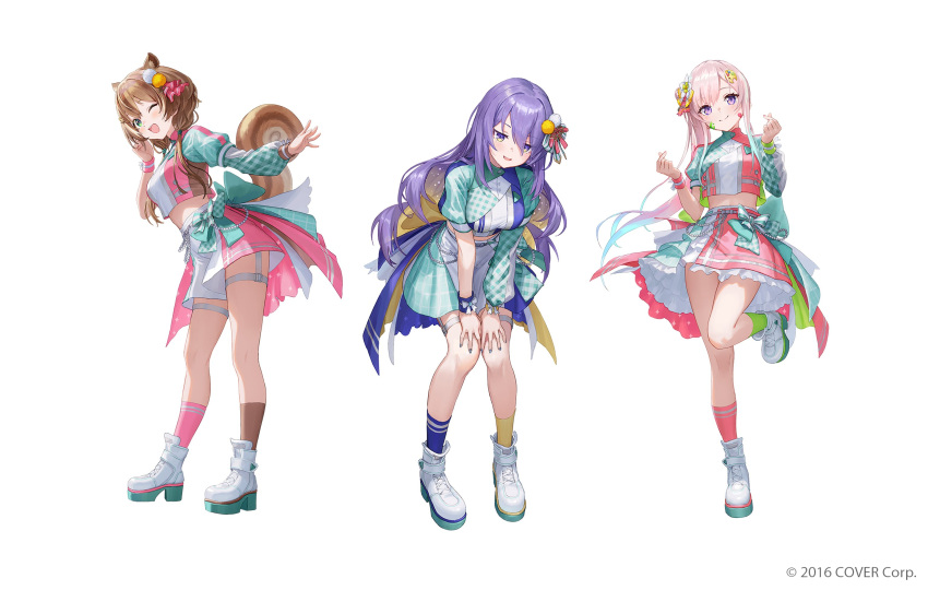 1st_generation_(hololive_indonesia) 3girls :d ;d airani_iofifteen animal_ears aqua_gemstone aqua_hair arm_support asymmetrical_legwear asymmetrical_sleeves ayunda_risu back_bow badge beads blonde_hair blue_shirt blue_skirt blue_socks blush bow bow_skirt breasts brown_hair brown_shirt brown_skirt brown_socks closed_mouth color_coordination colored_inner_hair commentary_request company_name copyright_notice cropped_shirt cross-laced_footwear dot_nose double-parted_bangs double_finger_heart english_commentary finger_heart fingernails flower frilled_skirt frills from_side full_body garter_straps gingham_shirt gradient_hair green_bow green_eyes green_flower green_nails green_ribbon green_shirt green_shorts green_skirt green_sleeves green_socks grey_ribbon hair_bow hair_bun hair_flower hair_ornament hair_ribbon hair_tie hairclip half-skirt hand_up hands_up high-waist_skirt high_heel_sneakers highres hololive hololive_idol_uniform_(bright) hololive_indonesia idol idol_clothes knees_together_feet_apart layered_sleeves leaning_forward leg_up lineup long_hair long_sleeves looking_at_viewer looking_down looking_to_the_side low_twintails matsuo_shogo midriff mismatched_legwear mismatched_sleeves mismatched_socks mixed-language_commentary moona_hoshinova multicolored_clothes multicolored_hair multicolored_shirt multicolored_shorts multicolored_skirt multiple_girls nail_polish official_art one_eye_closed open_mouth overskirt paint_splatter paint_splatter_on_face palette_hair_ornament pigeon-toed pink_hair pink_shirt pink_shorts pink_skirt pink_socks pink_wristband plaid plaid_bow plaid_ribbon plaid_skirt plaid_sleeves pom_pom_(clothes) pom_pom_hair_ornament puffy_short_sleeves puffy_sleeves purple_hair purple_shirt purple_skirt purple_socks red_ribbon ribbon shirt short_over_long_sleeves short_sleeves shorts side_ponytail sidelocks simple_background single_side_bun skirt smile socks sparkle_print squirrel_ears squirrel_girl squirrel_tail standing standing_on_one_leg starry_hair striped_bow swept_bangs tachi-e tail teeth thigh_strap twintails two-sided_fabric two-sided_skirt uneven_sleeves uniform upper_teeth_only violet_eyes virtual_youtuber waist_ribbon white_background white_bow white_flower white_footwear white_shirt white_shorts white_skirt wrist_bow wristband yellow_bow yellow_skirt yellow_socks