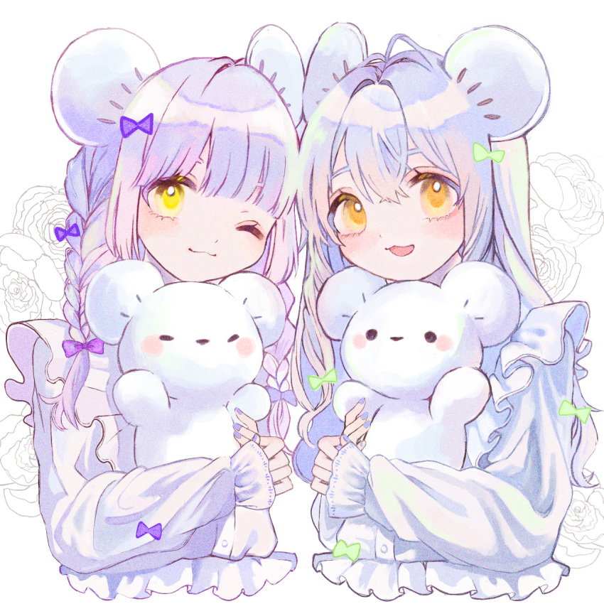 2girls :3 animal_ears blunt_bangs blush bow braid creature_and_personification cropped_torso flower hair_bow highres holding holding_pokemon long_sleeves looking_at_viewer maushold mouse_ears multiple_girls nail_polish one_eye_closed open_mouth personification pokemon pokemon_(creature) pokemon_sv rose shiina_(user_ecjx4545) smile twin_braids white_hair yellow_eyes
