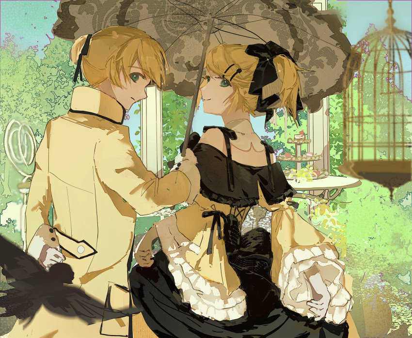 1boy 1girl absurdres aku_no_meshitsukai_(vocaloid) aku_no_musume_(vocaloid) allen_avadonia arm_behind_back bare_shoulders bird birdcage black_bow blonde_hair blurry blurry_foreground bow brother_and_sister bush cage chair collared_jacket depth_of_field detached_collar dress dress_ribbon evillious_nendaiki frilled_sleeves frills garden green_eyes hair_bow hair_ornament hair_ribbon hairclip high_collar high_ponytail highres holding holding_umbrella jacket kagamine_len kagamine_rin looking_at_viewer looking_back miku_symphony_(vocaloid) momo43757115 off-shoulder_dress off_shoulder parasol ribbon riliane_lucifen_d'autriche round_table short_ponytail siblings sideways_glance skirt_hold smile table twins umbrella updo vocaloid wide_sleeves yellow_dress yellow_jacket