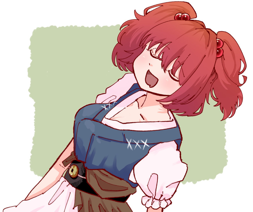 1girl breasts closed_eyes coin collarbone commentary eik_s2 green_background hair_bobbles hair_ornament highres obi onozuka_komachi open_mouth redhead sash short_hair short_sleeves smile solo touhou two_side_up upper_body