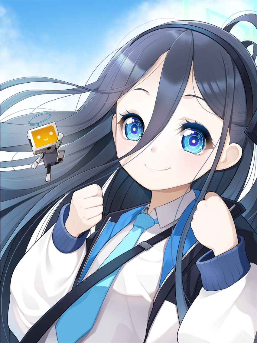 &lt;key&gt;_(robot)_(blue_archive) 1girl aris_(blue_archive) black_hair black_hairband blue_archive blue_eyes blue_necktie blue_sky clenched_hands closed_mouth clouds cloudy_sky collared_shirt commentary_request day hair_between_eyes hairband halo hands_up highres jacket koflif long_hair necktie one_side_up open_clothes open_jacket outdoors shirt sky smile upper_body very_long_hair white_jacket white_shirt