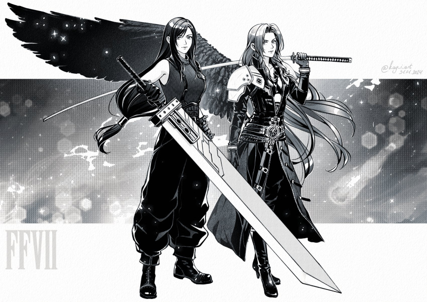 2girls aerith_gainsborough armor baggy_pants belt_buckle black_coat black_footwear black_pants black_wings boots breasts buckle buster_sword chest_strap closed_mouth cloud_strife cloud_strife_(cosplay) coat cosplay feathered_wings final_fantasy final_fantasy_vii final_fantasy_vii_remake full_body greyscale hair_tie highres holding holding_sword holding_weapon katana kay-i large_breasts letterboxed long_coat long_hair long_sleeves looking_at_viewer low-tied_long_hair masamune_(ff7) monochrome multiple_girls over_shoulder pants parted_bangs sephiroth sephiroth_(cosplay) shoulder_armor sidelocks single_bare_shoulder single_wing sleeveless sleeveless_turtleneck standing suspenders sword tifa_lockhart turtleneck wavy_hair weapon weapon_over_shoulder wings