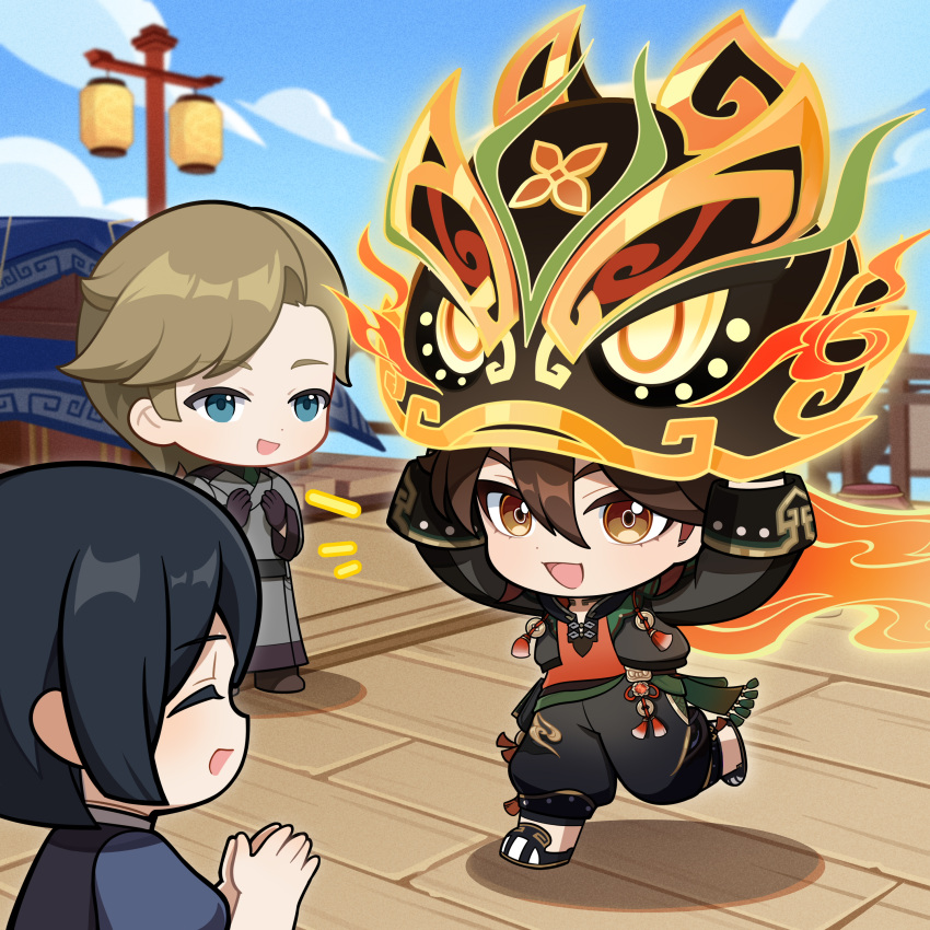 1girl 2boys absurdres black_pants black_sleeves blonde_hair blue_eyes blue_sky brown_eyes brown_hair chibi chinese_clothes clapping closed_eyes clouds day full_body gaming_(genshin_impact) genshin_impact hair_between_eyes highres holding lion_dance multiple_boys official_art open_mouth outdoors pants running short_hair sky solo_focus upper_body