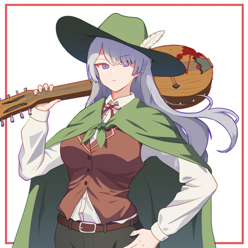 1girl ak-15_(girls'_frontline) belt black_pants blood breasts brown_belt brown_vest cape collared_shirt english_commentary gilijim girls_frontline green_cape green_headwear grey_hair hair_over_one_eye hand_on_own_hip hat_feather highres holding holding_instrument instrument long_hair long_sleeves looking_at_viewer lute_(instrument) open_mouth pants red_ribbon ribbon shirt shirt_tucked_in simple_background solo teeth very_long_hair vest violet_eyes white_background white_shirt