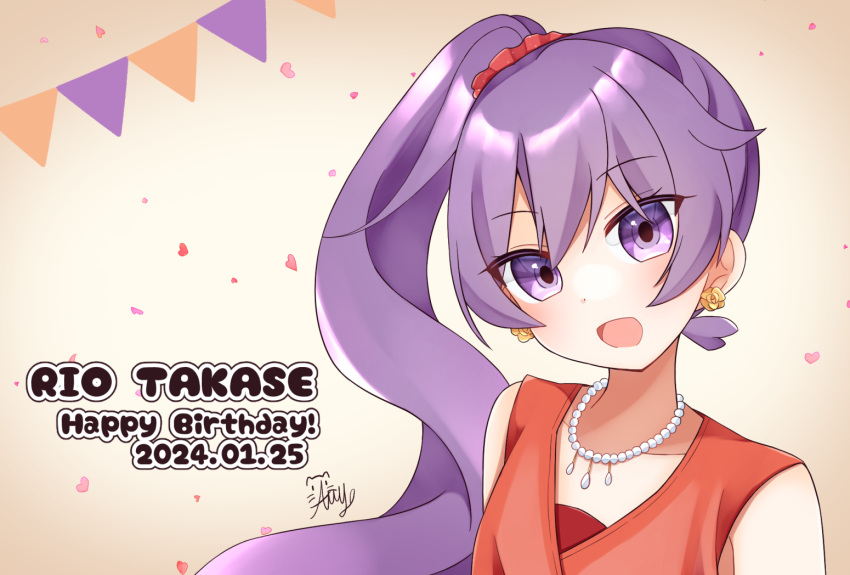 1girl blush character_name earrings flower_earrings happy_birthday jewelry long_hair looking_at_viewer necklace ongeki open_mouth pearl_necklace purple_hair shirt side_ponytail sleeveless sleeveless_shirt smile solo string string_of_fate takase_rio u_amy1207 very_long_hair violet_eyes