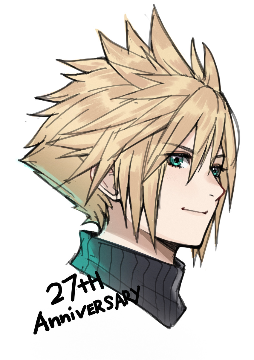 1boy absurdres anniversary blonde_hair blue_eyes blue_shirt closed_mouth cloud_strife cropped_head final_fantasy final_fantasy_vii hair_between_eyes highres light_smile looking_to_the_side lukrevadraws male_focus shirt short_hair sketch solo spiky_hair three_quarter_view turtleneck white_background