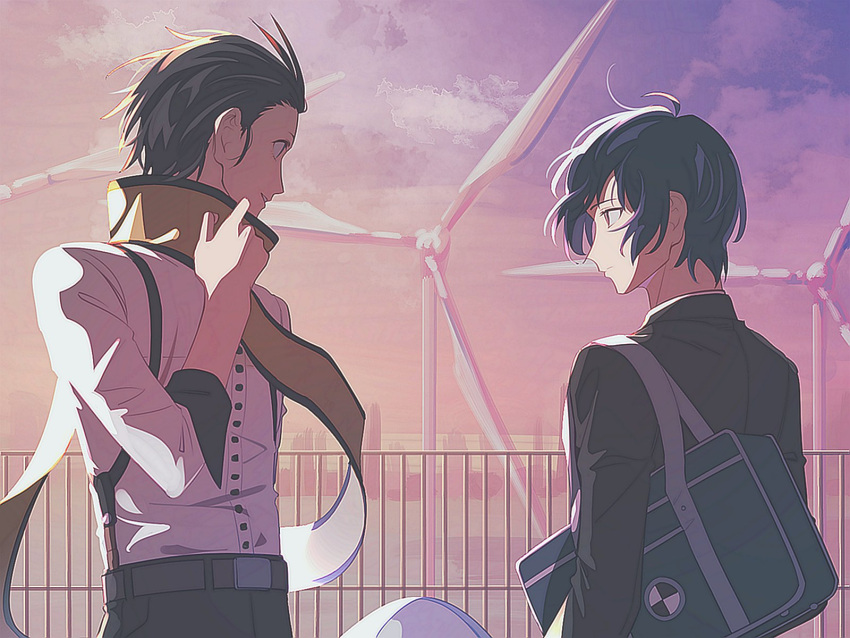 2boys bag belt black_hair black_jacket black_pants blue_bag blue_hair brown_belt closed_mouth clouds elulit2 expressionless eye_contact fence from_side gekkoukan_high_school_uniform gradient_sky hair_slicked_back highres jacket long_sleeves looking_at_another male_focus mochizuki_ryouji multiple_boys ocean outdoors pants parted_lips persona persona_3 pink_sky profile purple_sky scarf school_bag school_uniform shirt short_hair shoulder_bag sky smile sunset suspenders upper_body water white_shirt windmill yellow_scarf yuuki_makoto