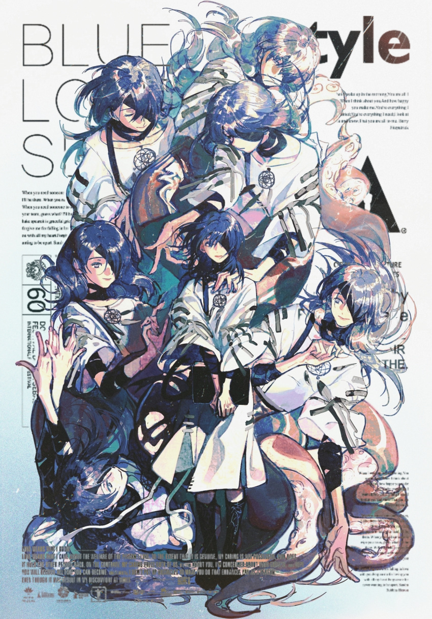 1girl acyantree bandaged_arm bandaged_neck bandages black_bandages black_footwear blue_background blue_eyes blue_hair boots chinese_commentary clone collarbone commentary cover dream_catcher english_text fake_magazine_cover full_body gradient_background hecate_(path_to_nowhere) highres holding holding_notebook long_hair looking_at_self looking_at_viewer magazine_cover notebook one_eye_covered path_to_nowhere robe simple_background straight-on straitjacket tentacles white_background white_robe