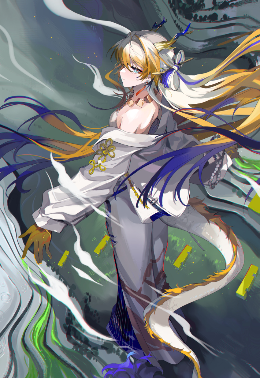 1girl absurdres arknights bare_shoulders bell-bottoms blue_eyes blue_hair breasts chinese_commentary choker closed_mouth colored_skin colored_tips commentary_request dragon_girl dragon_horns dragon_tail floating_hair full_body grey_hair hair_between_eyes hair_intakes hair_spread_out highres horns jacket long_hair long_sleeves looking_at_viewer meng_ziya multicolored_hair off_shoulder open_clothes open_jacket orange_hair pants shirt shoulder_blades shu_(arknights) small_breasts smoke solo standing strapless strapless_shirt tail very_long_hair white_jacket white_pants white_shirt