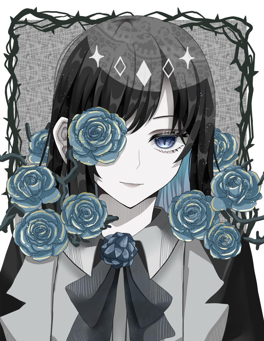 1girl absurdres ado_(utaite) black_bow black_bowtie black_coat black_hair blue_eyes blue_flower blue_hair blue_rose bow bowtie chando_(ado) closed_mouth cloud_nine_inc coat collared_shirt colored_inner_hair dress_shirt flower flower_brooch flower_over_eye grey_background grey_shirt highres light_particles looking_at_viewer multicolored_hair nemophila2929 open_clothes open_coat outside_border rose shirt solo two-tone_hair upper_body utaite