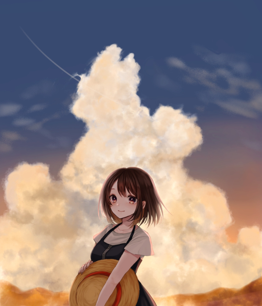 1girl blush brown_eyes brown_hair clouds dress hat highres holding holding_clothes holding_hat looking_at_viewer original outdoors pinafore_dress short_hair short_sleeves sky sleeveless sleeveless_dress smile solo straw_hat sunset suzuko_(suzukosz)