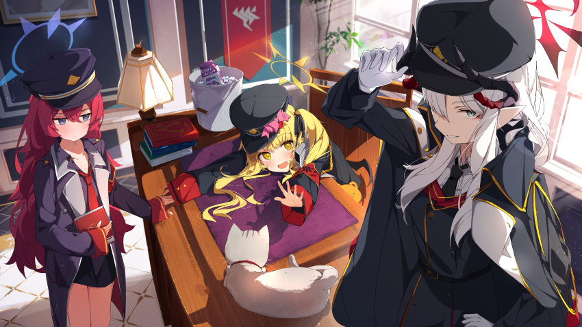 3girls absurdres animal black_coat black_headwear black_horns black_shirt black_skirt black_wings blonde_hair blue_archive blush bucket cat chair closed_mouth coat coat_on_shoulders collared_shirt demon_horns floor grey_eyes grey_hair halo hat highres horns ibuki_(blue_archive) indoors iroha_(blue_archive) long_hair long_sleeves makoto_(blue_archive) multiple_girls multiple_horns necktie open_clothes open_coat open_mouth peaked_cap pleated_skirt pointy_ears purple_halo red_halo red_necktie redhead shirt skirt smile spice_mega white_shirt window wings yellow_eyes yellow_halo