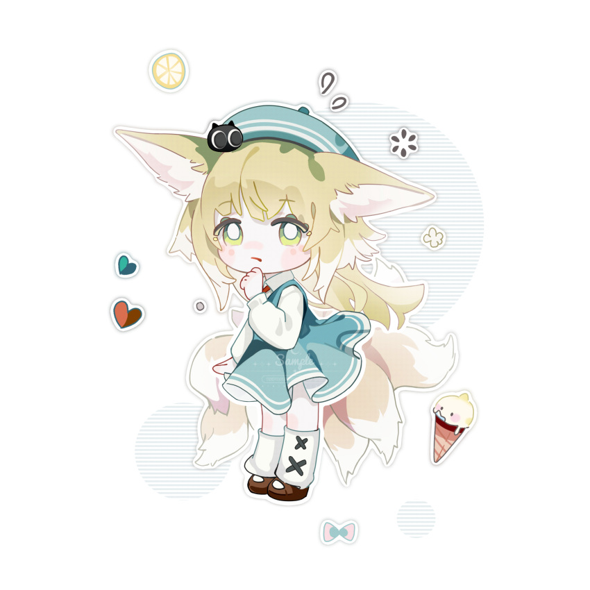 1girl 20000212open alternate_costume animal_ear_fluff animal_ears arknights beret blonde_hair blue_dress blue_headwear blush bright_pupils brown_footwear chibi chinese_commentary collared_shirt colored_tips commentary_request creature_on_head crossover dress flying_sweatdrops food fox_ears fox_girl fox_tail fruit green_eyes hat heart heixiu highres ice_cream kitsune kyuubi lemon lemon_slice long_hair luo_xiaohei_zhanji multicolored_hair multiple_tails parted_lips pinafore_dress sample_watermark shirt sleeveless sleeveless_dress socks solo suzuran_(arknights) tail watermark white_hair white_pupils white_shirt white_socks
