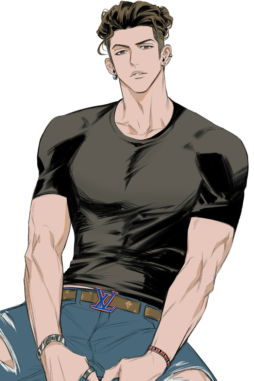 14ho_sd 1boy black_shirt bracelet brown_eyes brown_hair cowboy_shot earrings highres jewelry looking_at_viewer male_focus miyagi_ryouta muscular muscular_male parted_lips ring shirt short_hair simple_background slam_dunk_(series) solo stud_earrings tight_clothes tight_shirt undercut wavy_hair white_background