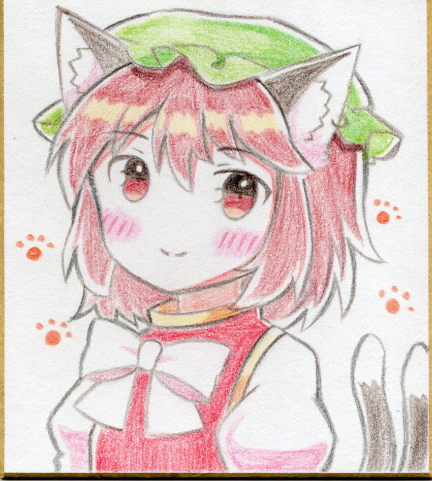 1girl animal_ear_fluff animal_ear_piercing animal_ears blush bow bowtie brown_hair cat_ears cat_tail chen closed_mouth commentary_request earrings ellipsis_(mitei) flat_chest green_headwear hair_between_eyes hat highres jewelry looking_at_viewer mob_cap multiple_tails nekomata paw_print paw_print_background puffy_sleeves red_eyes short_hair simple_background single_earring smile solo tail touhou traditional_media two_tails upper_body white_background white_bow white_bowtie