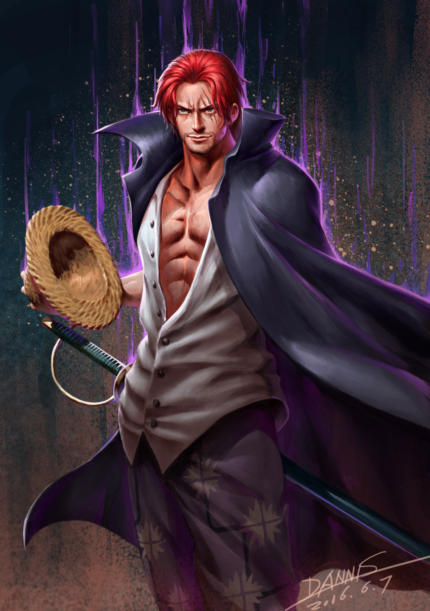 1boy abs absurdres black_coat closed_mouth coat commentary_request dannis dated facial_hair hat highres holding holding_clothes holding_hat male_focus one_piece open_clothes redhead scar scar_across_eye scar_on_face shanks_(one_piece) shirt short_hair signature smile solo straw_hat sword unworn_hat unworn_headwear weapon white_shirt