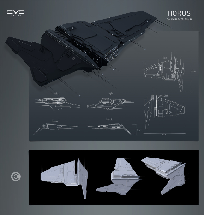 3d battleship_(eve_online) caldari_state_(eve_online) commentary concept_art copyright_name electronic_warfare_ship_(eve_online) emblem eve_online from_side glowing greyscale highres logo military_vehicle monochrome multiple_views no_humans noc-d original radio_antenna realistic reference_sheet science_fiction spacecraft thrusters vehicle_focus