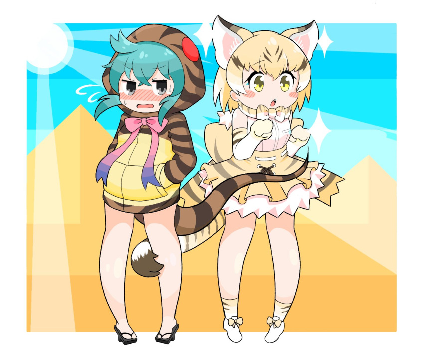 2girls animal_ears back_bow bare_legs bare_shoulders blonde_hair blue_eyes blush bow bowtie brown_hair brown_hoodie cat_ears cat_girl cat_tail elbow_gloves extra_ears frilled_skirt frills geta gloves hair_between_eyes hands_in_pockets high-waist_skirt highres hood hood_up hoodie kanimiso_na_double kemono_friends multicolored_hair multiple_girls nose_blush open_mouth print_bow print_bowtie print_gloves print_hoodie print_skirt print_socks pyramid_(structure) sand_cat_(kemono_friends) sand_cat_print shirt shoes short_hair sidelocks skirt sleeveless snake_girl snake_print snake_tail socks sparkle sweatdrop tail tail_around_another's_leg tengu-geta tsuchinoko_(kemono_friends) wavy_mouth white_footwear white_shirt yellow_eyes yellow_hoodie