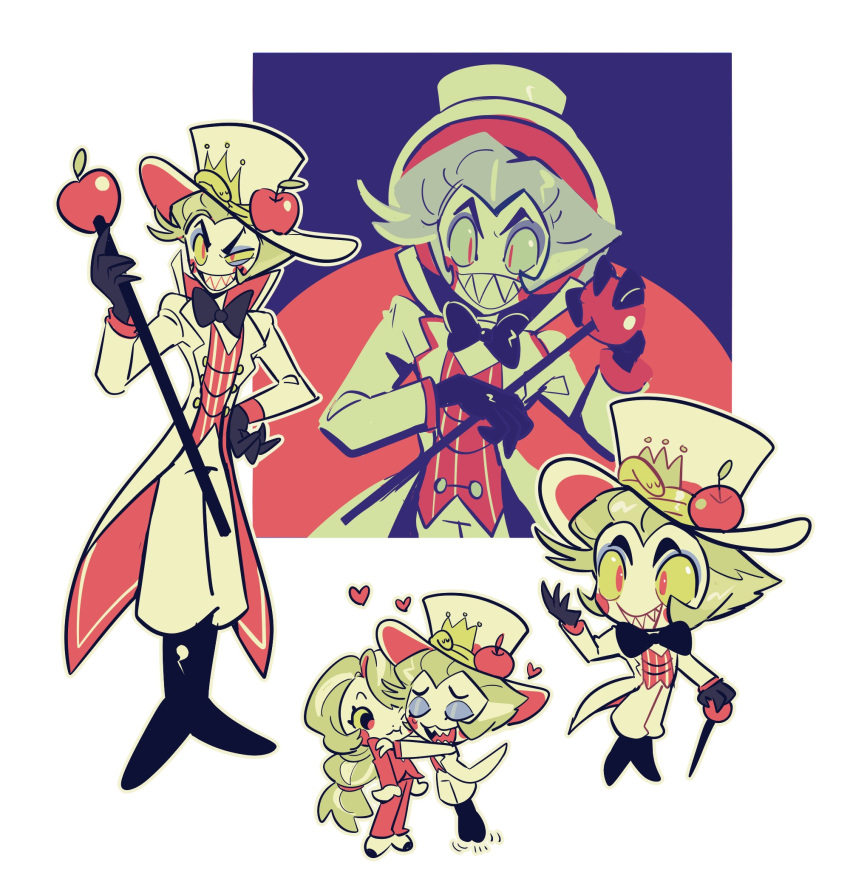 1boy 1girl apple black_bow black_bowtie blonde_hair bow bowtie cane charlie_morningstar colored_sclera demon demon_boy demon_girl father_and_daughter food fruit gogeyama hat hazbin_hotel highres holding holding_cane long_hair long_sleeves lucifer_(hazbin_hotel) pale_skin red_eyes red_suit sharp_teeth smile snake striped_clothes striped_vest suit teeth two-tone_hat vertical-striped_clothes vertical-striped_vest vest white_headwear white_suit yellow_sclera