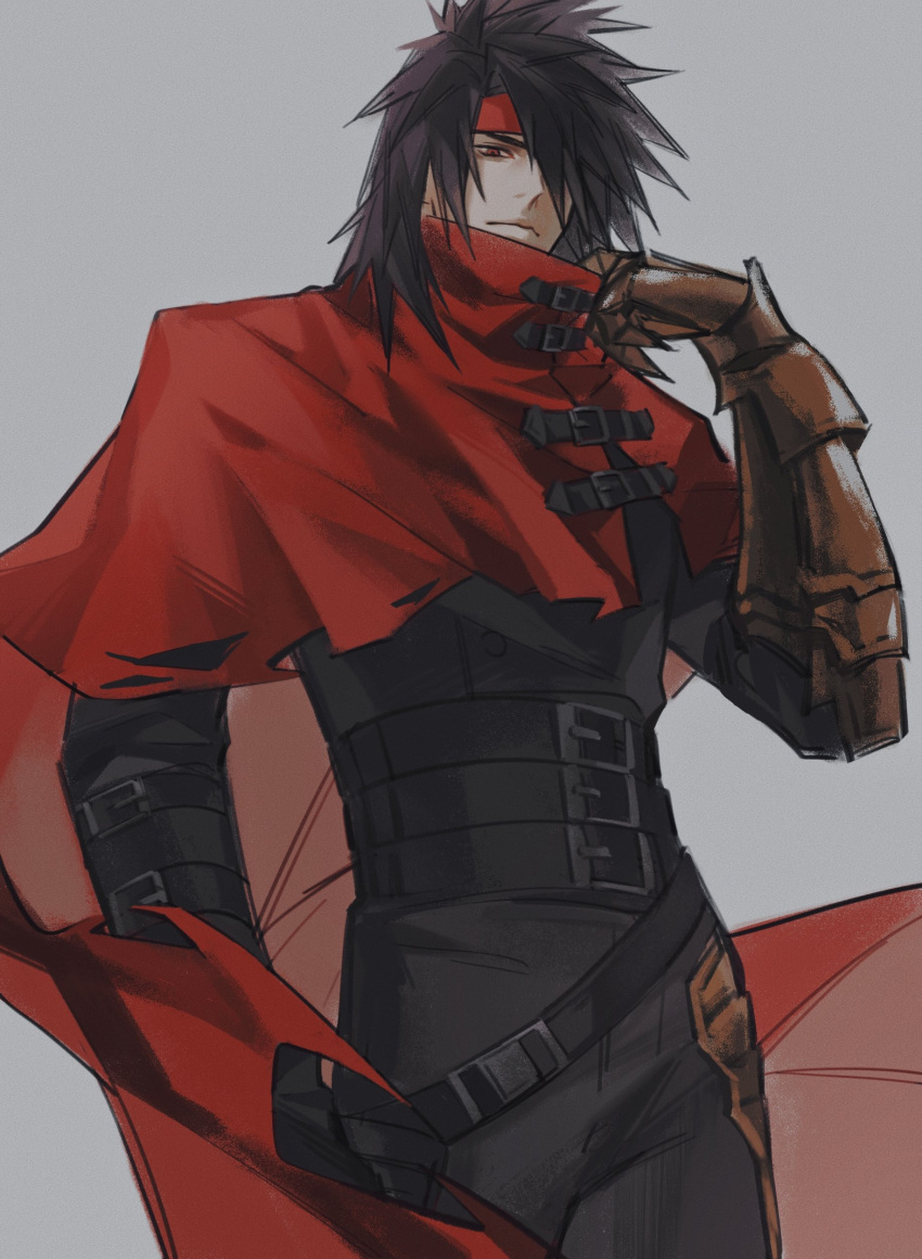 1boy absurdres adjusting_clothes arm_strap belt black_belt black_hair black_pants black_shirt clawed_gauntlets cloak closed_mouth cowboy_shot final_fantasy final_fantasy_vii final_fantasy_vii_rebirth grey_background hair_over_one_eye hao_xiang_yishui_bu_xing headband high_collar highres long_hair looking_at_viewer loose_belt male_focus multiple_belts one_eye_covered pants red_cloak red_eyes red_headband shirt solo torn_cloak torn_clothes vincent_valentine