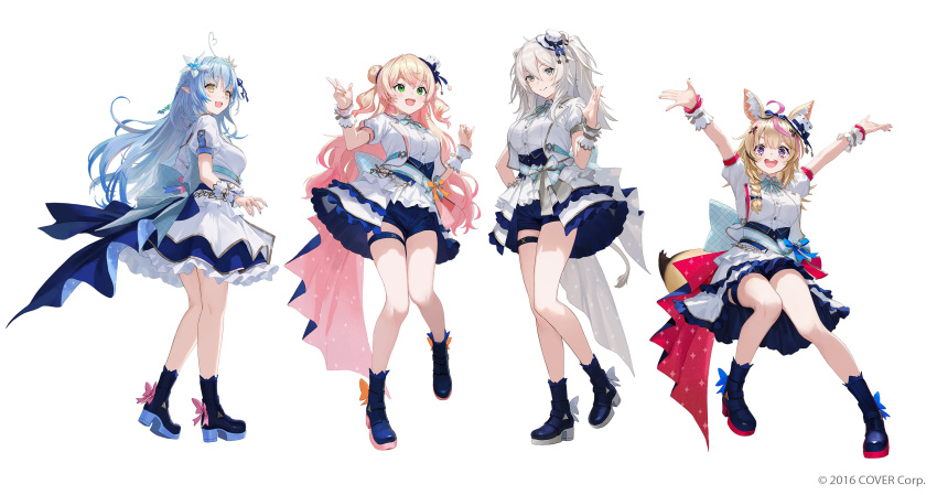 4girls :d \o/ absurdres ahoge animal_ear_fluff animal_ear_piercing animal_ears ankle_boots aqua_bow aqua_bowtie aqua_gemstone aqua_nails aqua_sash arms_up back_bow beads black_hair blonde_hair blue_bow blue_corset blue_flower blue_footwear blue_hair blue_ribbon blue_shorts blue_skirt blush boots bow bowtie braid breasts brooch buttons collared_jacket colored_tips commentary_request company_name copyright_notice corset dot_nose double-parted_bangs double_bun dress_shirt elf eyelashes facial_mark fang fingernails flipped_hair floating_hair flower footwear_bow fox_ears fox_girl fox_tail frilled_skirt frills from_side full_body gold_ribbon gold_trim gradient_hair green_eyes green_ribbon grey_bow grey_hair grey_ribbon grey_skirt hair_between_eyes hair_bow hair_bun hair_flower hair_ornament hair_ribbon half_updo hand_up hands_up hat hat_bow heart heart-shaped_pupils heart_ahoge heel_up high_heel_boots high_heels highres hololive hololive_idol_uniform_(bright) idol idol_clothes jacket jewelry knees_together_feet_apart lapel_pin lapels large_bow layered_skirt leg_up lion_ears lion_girl lion_tail long_bangs long_hair looking_ahead looking_at_viewer looking_to_the_side matsuo_shogo mini_hat mini_tiara momosuzu_nene multicolored_hair multiple_girls nail_polish nepolabo notched_lapels official_alternate_costume official_art omaru_polka open_clothes open_jacket open_mouth orange_nails outstretched_arms overskirt pink_bow pink_hair pink_ribbon pink_skirt pinky_out plaid plaid_bow playing_card_theme pointy_ears puffy_short_sleeves puffy_sleeves red_ribbon red_skirt ribbon sash sash_bow shirt shishiro_botan short_shorts short_sleeves shorts showgirl_skirt side_braid sidelocks simple_background single_braid skirt smile sparkle_print standing standing_on_one_leg streaked_hair striped_bow striped_sash symbol-shaped_pupils tail teeth thigh_strap thighs top_hat twintails two-sided_fabric two-sided_skirt two-tone_hair two_side_up underbust upper_teeth_only violet_eyes virtual_youtuber w wavy_hair white_background white_bow white_flower white_headwear white_jacket white_sash white_shirt white_skirt white_wrist_cuffs wrist_cuffs wrist_ribbon x_hair_ornament yellow_bow yellow_eyes yukihana_lamy