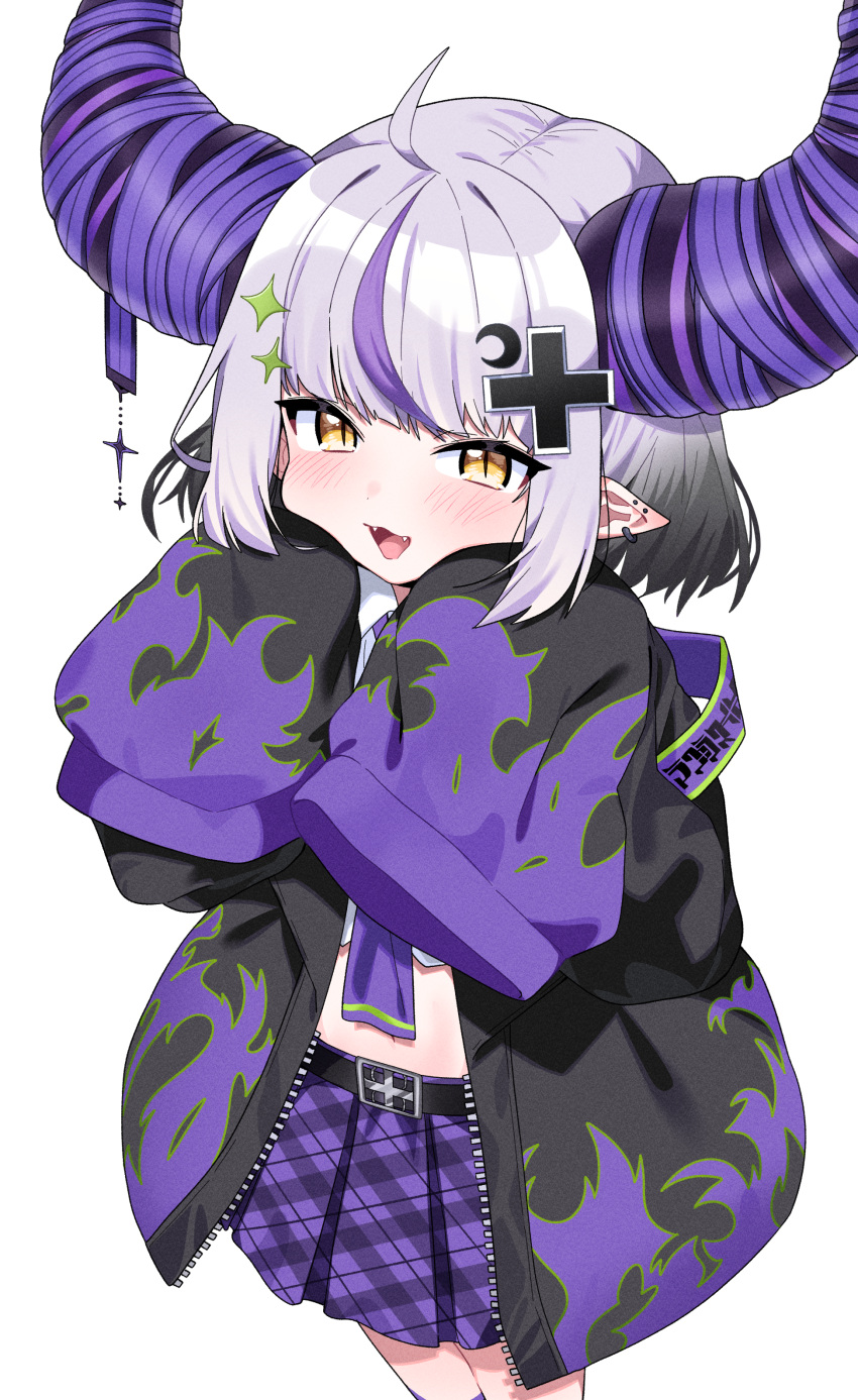 1girl :d absurdres ahoge belt belt_buckle black_belt black_jacket blush brown_eyes buckle collared_shirt commentary_request crescent crescent_hair_ornament crop_top demon_horns fangs grey_hair hair_ornament hands_up highres hololive horns jacket la+_darknesss long_sleeves looking_at_viewer midriff multicolored_hair navel open_clothes open_jacket plaid plaid_skirt pleated_skirt pointy_ears puffy_long_sleeves puffy_sleeves purple_hair purple_skirt shirt simple_background skirt sleeves_past_fingers sleeves_past_wrists smile solo streaked_hair tosyeo virtual_youtuber white_background white_shirt