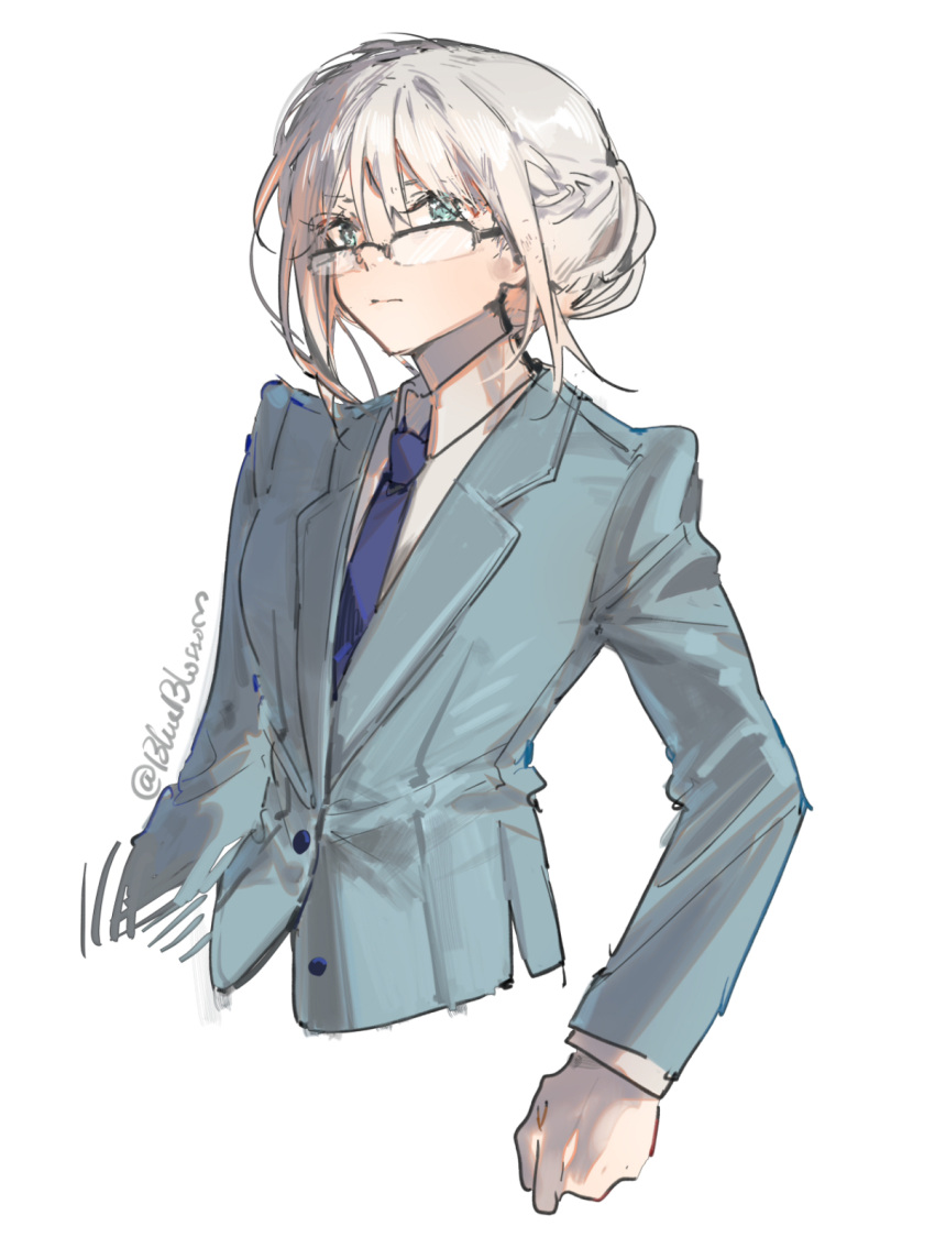 1girl an-94_(antje)_(girls'_frontline) an-94_(girls'_frontline) aqua_eyes aqua_jacket blue_necktie blueblossom business_suit closed_mouth collared_shirt english_commentary formal girls_frontline glasses highres jacket long_hair long_sleeves looking_at_viewer necktie official_alternate_costume shirt signature simple_background solo suit white_background white_hair white_shirt