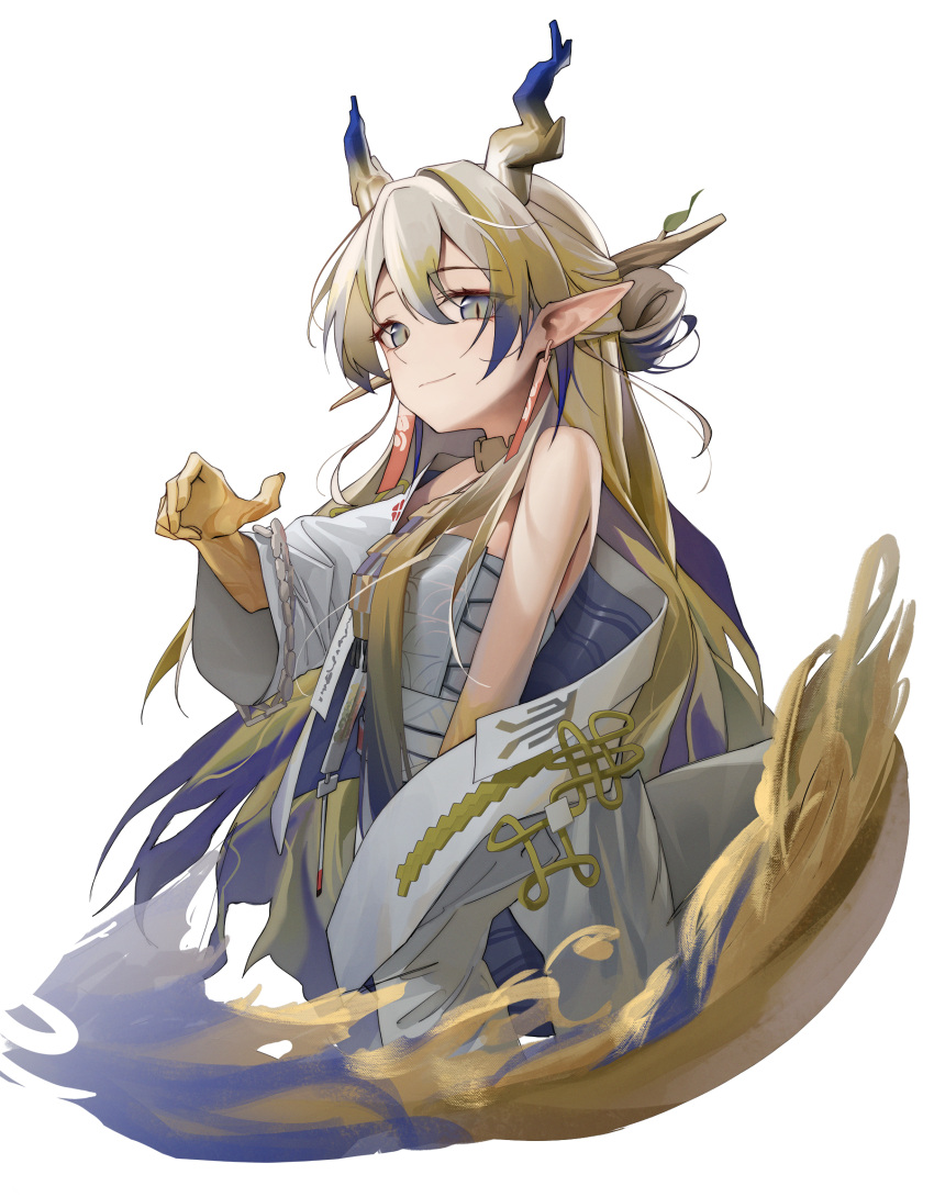 1girl 9am9i arknights arm_at_side bare_shoulders blue_eyes blue_hair branch closed_mouth colored_skin cropped_legs dragon_girl dragon_horns earrings from_side green_hair grey_hair hair_between_eyes hair_ornament hair_stick hand_up highres horns jacket jewelry long_sleeves looking_at_viewer multicolored_hair off_shoulder open_clothes open_jacket pointy_ears shirt shu_(arknights) sidelocks simple_background slit_pupils smile solo strapless strapless_shirt streaked_hair tassel tassel_earrings white_background white_jacket white_shirt