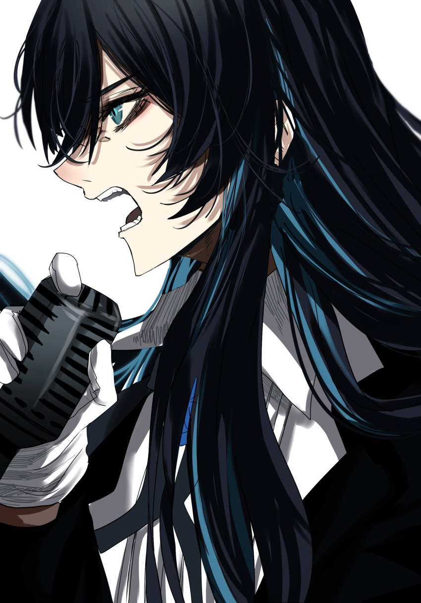 1girl ado_(utaite) black_bow black_bowtie black_coat black_hair blue_eyes blue_flower blue_hair blue_rose bow bowtie chando_(ado) cloud_nine_inc coat collared_shirt colored_inner_hair commentary flower flower_brooch gloves hair_between_eyes highres holding holding_microphone hoshi_san_3 long_hair long_sleeves microphone multicolored_hair open_clothes open_coat open_mouth rose shirt sidelocks simple_background solo teeth two-tone_hair upper_body utaite white_background white_gloves white_shirt