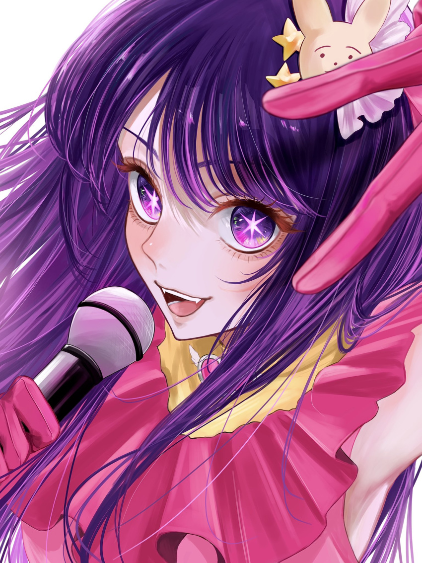 1girl brooch commentary dress gloves hair_between_eyes hair_ornament hand_up heart heart_brooch highres holding holding_microphone hoshino_ai_(oshi_no_ko) idol idol_clothes jewelry long_hair microphone open_mouth oshi_no_ko pink_dress pink_gloves purple_hair rabbit_hair_ornament shadow solo star-shaped_pupils star_(symbol) star_hair_ornament symbol-shaped_pupils teeth tsukishiro0814 upper_teeth_only violet_eyes