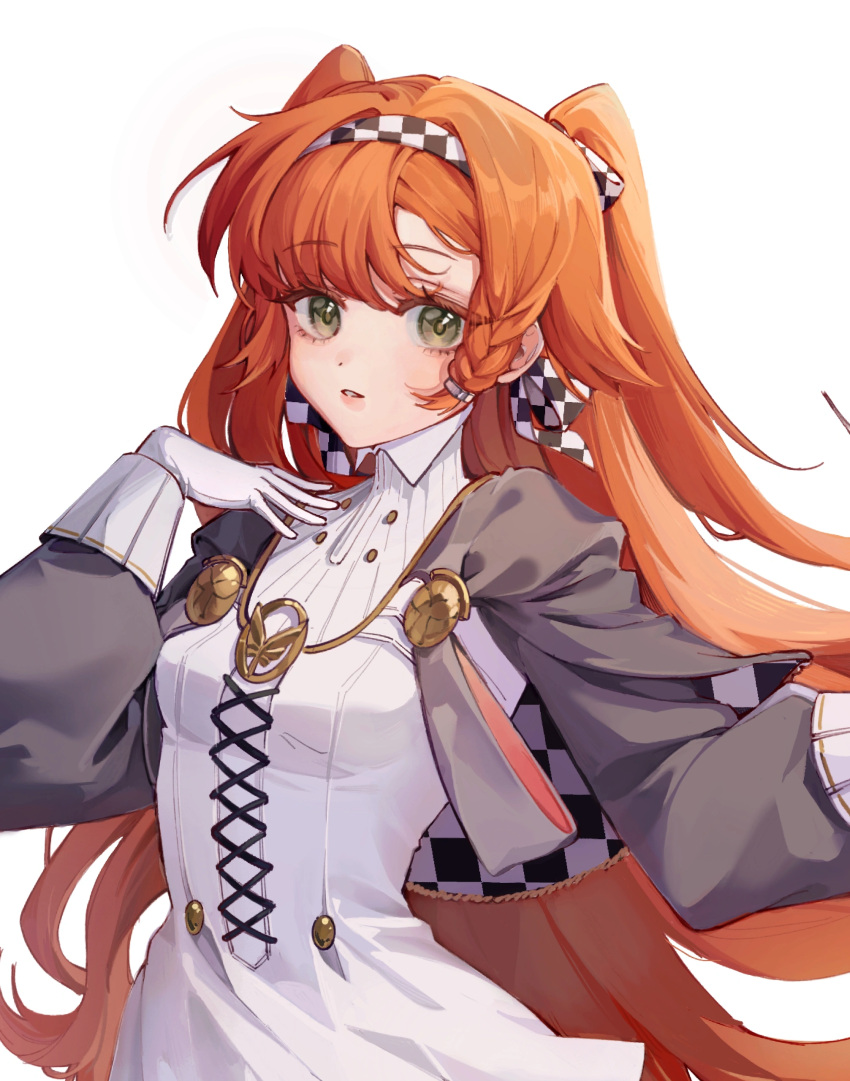 1girl absurdres asymmetrical_bangs breasts checkered_hairband chuanhe_duanduanzi cropped dress floating_hair gloves green_eyes grey_cloak grey_sleeves hand_on_own_chest hand_up high_collar highres long_hair long_sleeves looking_to_the_side orange_hair puffy_long_sleeves puffy_sleeves reverse:1999 solo sonetto_(reverse:1999) twintails two_side_up upper_body very_long_hair white_background white_dress white_gloves