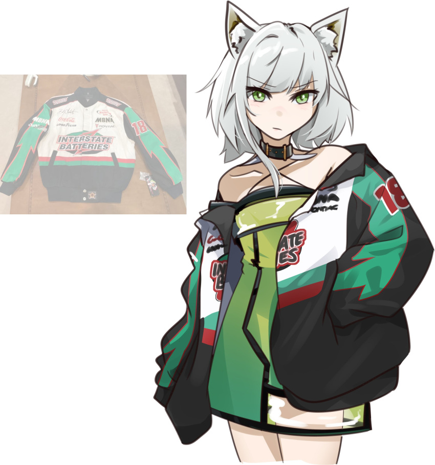 1girl animal_ear_fluff animal_ears arknights black_collar bobby_labonte bobby_labonte_(cosplay) cat_ears coca-cola collar commentary cosplay criss-cross_halter dress flat_chest frown goodyearhand_in_pocket green_dress halter_dress halterneck highres holeecrab kal'tsit_(arknights) medium_hair nascar pontiac reference_inset solo symbol-only_commentary v-shaped_eyebrows white_background