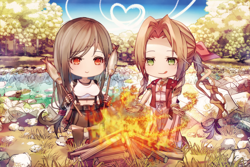 2girls aerith_gainsborough bangle black_bra black_gloves black_skirt black_thighhighs bra bracelet braid braided_ponytail breasts brown_hair campfire chibi choker closed_mouth crop_top dress final_fantasy final_fantasy_vii final_fantasy_vii_rebirth fingerless_gloves fire fish flower_choker food forest full_body gloves grass green_eyes hair_ribbon hair_tie highres holding holding_food jacket jewelry kneeling large_breasts long_dress long_hair low-tied_long_hair midriff miniskirt mirrorclew multiple_girls nature navel outdoors outstretched_arms parted_bangs pink_dress pink_ribbon red_eyes red_jacket ribbon shirt short_sleeves sidelocks skirt smile sports_bra thigh-highs tifa_lockhart tongue tongue_out underwear wavy_hair white_shirt