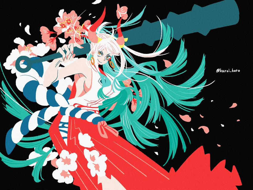 1girl black_background cherry_blossoms club_(weapon) commentary_request cowboy_shot earrings flower hair_ornament hakama holding holding_weapon horns japanese_clothes jewelry kanabou kimono kuroihato looking_at_viewer multicolored_hair one_piece pink_nails red_hakama red_horns rope shimenawa sidelocks sleeveless sleeveless_kimono smile twitter_username weapon white_hair white_kimono yamato_(one_piece)