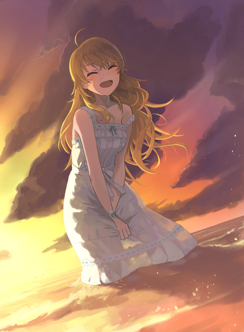 1girl absurdres ahoge bare_shoulders blonde_hair blush bow breasts closed_eyes clouds collarbone dress epitaph_(1122) gradient_sky highres horizon hoshii_miki idolmaster idolmaster_(classic) idolmaster_million_live! idolmaster_million_live!_theater_days large_breasts long_hair ocean open_mouth outdoors ribbon-trimmed_dress sky sleeveless sleeveless_dress smile solo strap_slip teeth upper_teeth_only v_arms wading waist_bow wet white_bow white_dress white_wristband