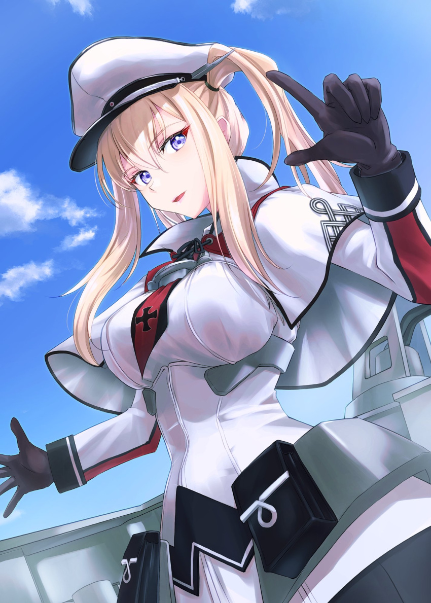 1girl black_gloves blonde_hair blue_eyes blue_sky breasts capelet celtic_knot clouds cross gloves graf_zeppelin_(kancolle) hair_between_eyes hat highres iron_cross kantai_collection large_breasts long_hair looking_at_viewer machinery military_uniform necktie peaked_cap red_necktie shirt sidelocks sky solo tsukasa_(tukasa_br) twintails uniform upper_body white_capelet white_headwear white_shirt