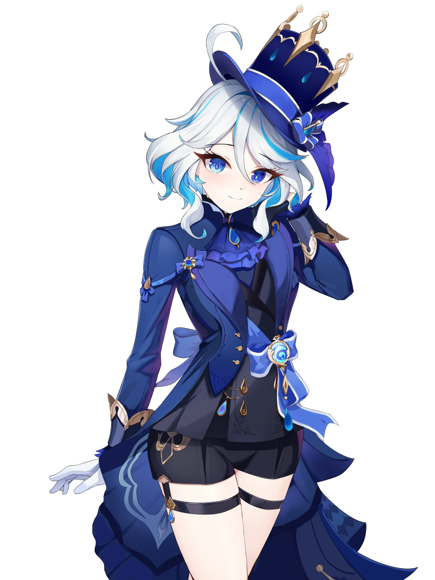 1girl absurdres ascot asymmetrical_gloves black_gloves black_shorts blue_ascot blue_brooch blue_eyes blue_gemstone blue_hair blue_jacket closed_mouth drop-shaped_pupils furina_(genshin_impact) gem genshin_impact gloves hair_between_eyes half_gloves hat heterochromia highres jacket kodona light_blue_hair liwen520 lolita_fashion long_sleeves looking_at_viewer mismatched_gloves mismatched_pupils multicolored_hair short_shorts shorts smile solo top_hat white_background white_gloves white_hair