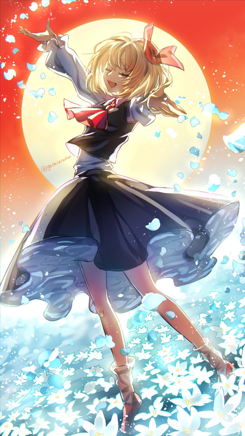 1girl absurdres ascot blonde_hair blush bow closed_eyes collared_shirt falling_petals full_body full_moon hair_bow hands_up highres loafers long_sleeves moon open_mouth outstretched_arms petals rumia ruri-urasue-1224 shirt shoes short_sleeves skirt skirt_set smile socks solo touhou