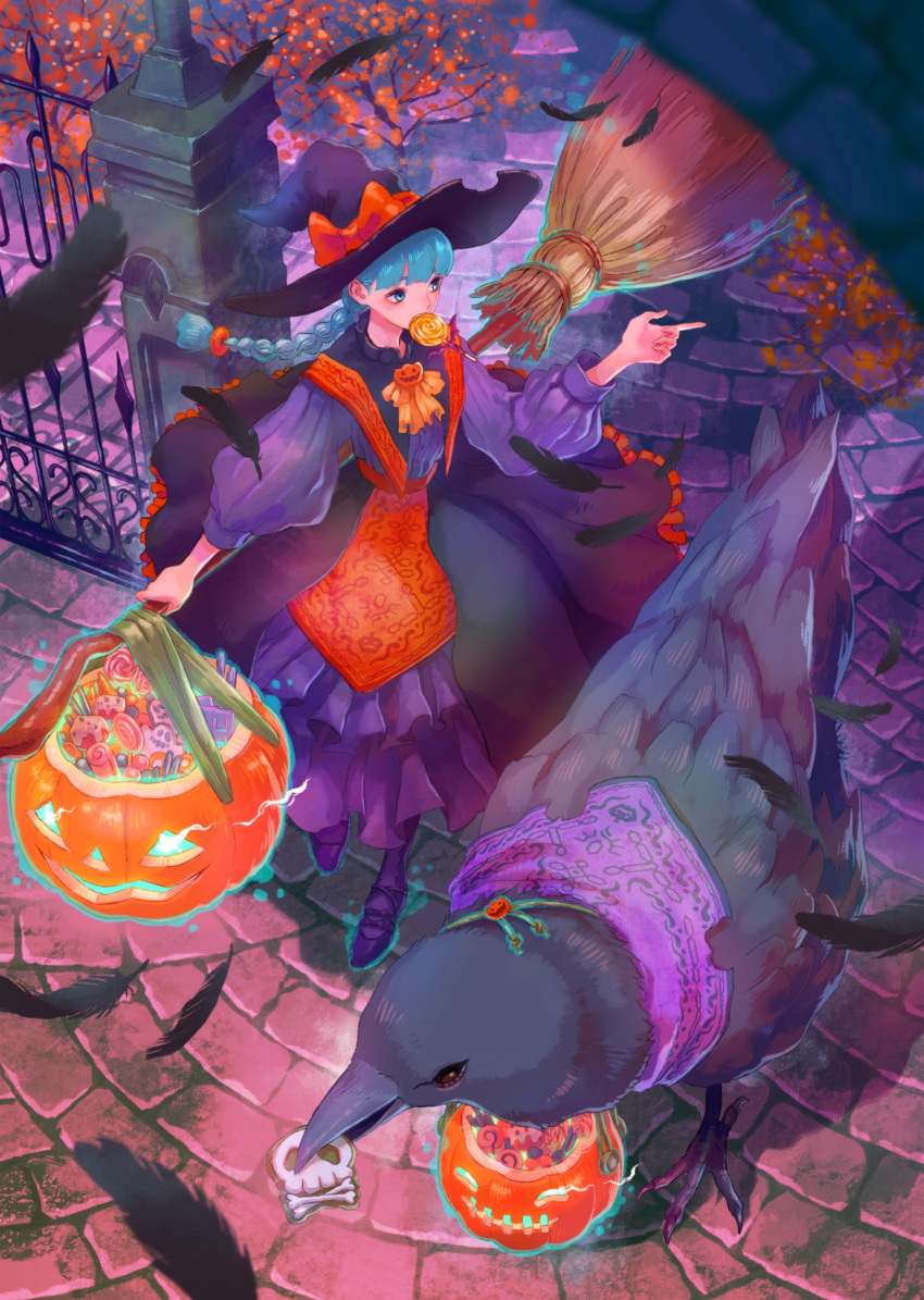 1girl absurdres animal autumn_leaves bird blue_eyes blue_hair blush bow bowtie brooch broom candy crow dress fence food food_in_mouth frilled_dress frills halloween halloween_bucket hat hat_bow highres index_finger_raised iron_fence jack-o'-lantern_brooch jewelry lollipop long_hair long_sleeves mouth_hold otsuzaka outdoors oversized_animal pantyhose solo swirl_lollipop very_long_hair witch witch_hat