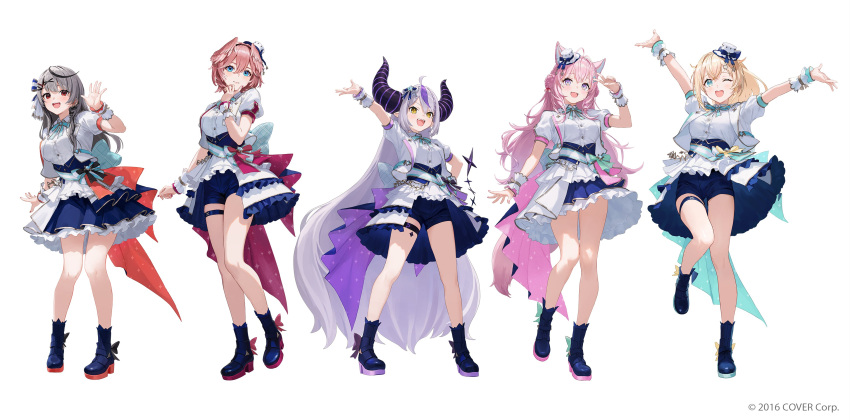 5girls :d ;d \o/ absurdly_long_hair absurdres ahoge animal_ears ankle_boots aqua_bow aqua_bowtie aqua_eyes aqua_gemstone aqua_sash arm_up arms_up back_bow beads black_bow black_hair black_horns blonde_hair blue_bow blue_corset blue_footwear blue_ribbon blue_shorts blue_skirt blunt_bangs blush boots bow bowtie braid braided_bangs braided_bun breasts brooch buttons collared_jacket commentary_request company_name copyright_notice corset crossed_bangs curly_hair demon_horns dot_nose double-parted_bangs double_bun dress_shirt ear_piercing earrings english_commentary eyelashes fangs fingernails footwear_bow frilled_skirt frills full_body gold_ribbon gold_trim green_bow green_eyes green_ribbon green_skirt grey_hair hair_between_eyes hair_bow hair_bun hair_ornament hair_ribbon hair_tie hair_wings hairband hakui_koyori hand_on_own_chin hand_up hat hat_bow hexagon_hair_ornament high_heel_boots high_heels highres hololive hololive_idol_uniform_(bright) holox horns idol idol_clothes jacket jewelry kazama_iroha la+_darknesss lapel_pin lapels large_bow layered_skirt leg_up legs_apart long_bangs long_hair looking_ahead looking_at_viewer matsuo_shogo mini_hat mixed-language_commentary multicolored_hair multiple_girls nail_polish notched_lapels official_alternate_costume official_art one_eye_closed open_clothes open_jacket open_mouth orange_ribbon orange_skirt outstretched_arm outstretched_arms overskirt piercing pigeon-toed pink_hair pink_ribbon pink_skirt plaid plaid_bow pointy_ears ponytail puffy_short_sleeves puffy_sleeves purple_bow purple_hair purple_nails purple_ribbon purple_skirt red_eyes red_nails red_ribbon ribbon sakamata_chloe sash sash_bow shirt short_hair short_shorts short_sleeves shorts showgirl_skirt side_braid sidelocks simple_background single_braid skirt slit_pupils smile sparkle_print standing standing_on_one_leg streaked_hair striped_bow striped_horns striped_sash swept_bangs takane_lui teeth thigh_strap thighs top_hat two-sided_fabric two-sided_skirt underbust upper_teeth_only v very_long_hair violet_eyes virtual_youtuber waving white_background white_bow white_headwear white_jacket white_sash white_shirt white_skirt white_wrist_cuffs wolf_ears wolf_girl wrist_cuffs wrist_ribbon x_hair_ornament yellow_bow yellow_eyes