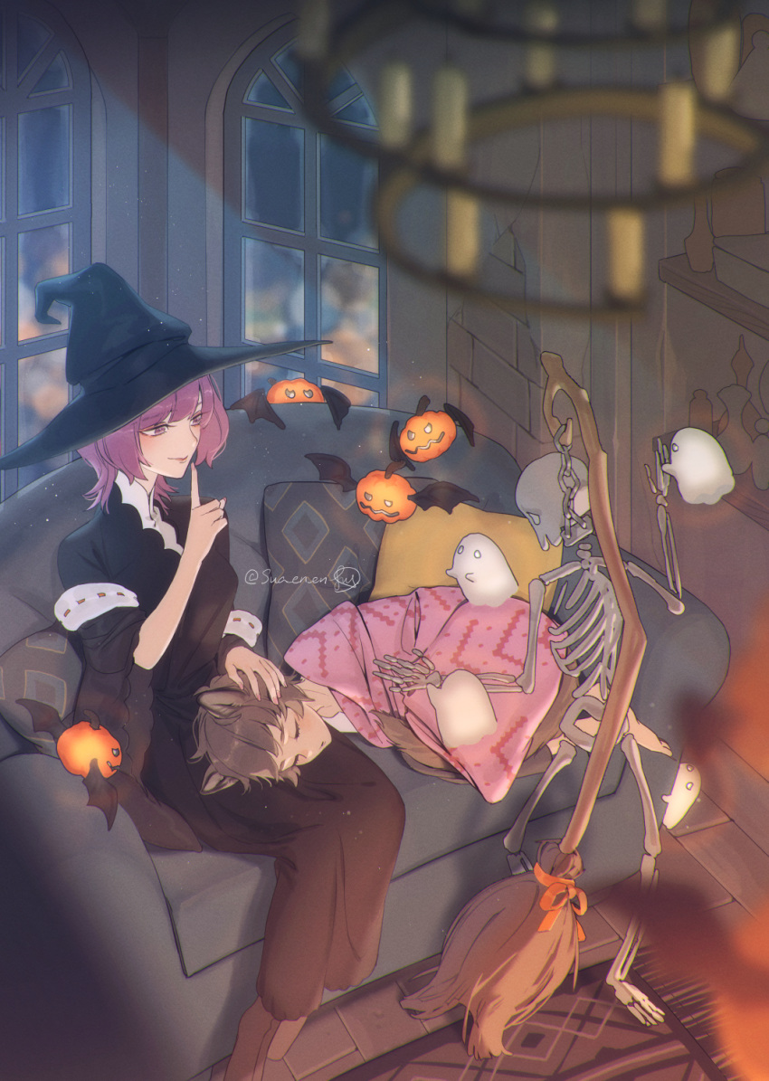 1boy 1girl animal_ears barefoot blanket blurry blurry_foreground blush broom brown_hair chandelier closed_eyes couch finger_to_mouth ghost halloween hat highres index_finger_raised indoors jack-o'-lantern lap_pillow long_hair long_sleeves lying on_couch on_side original purple_hair short_hair shushing sitting skeleton sleeping smile sua_lucid tail window witch witch_hat