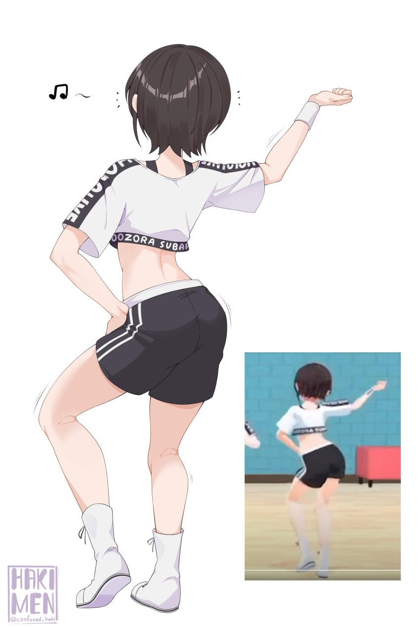 1girl absurdres brown_hair character_name confused_alif crop_top dancing from_behind highres hololive hololive_dance_practice_uniform musical_note oozora_subaru photo-referenced shirt short_hair shorts simple_background solo sweatband virtual_youtuber white_background white_shirt