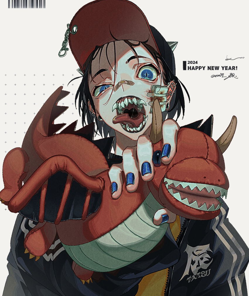 1other 2024 bandaid bandaid_on_face bandaid_on_nose baseball_cap black_hair black_headwear black_jacket blood blood_on_face blue_eyes blue_nails chinese_zodiac dated ear_piercing earrings extra_teeth fake_horns gauze_on_cheek grey_background haikokyuu happy_new_year hat highres holding holding_stuffed_toy horned_headwear horns jacket jewelry long_sleeves looking_at_viewer new_year open_mouth original pierced_hat piercing reaching reaching_towards_viewer sharp_teeth shirt short_hair slit_pupils solo stuffed_animal stuffed_dragon stuffed_toy teeth tongue tongue_out uneven_eyes upper_body year_of_the_dragon yellow_shirt