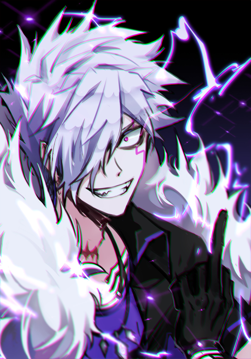 1boy add_(elsword) arm_tattoo black_background black_gloves chest_tattoo chromatic_aberration doom_bringer_(elsword) electricity elsword evil_grin evil_smile facial_mark fur_trim gloves grin hair_over_one_eye highres jacket jewelry kas2a_rr looking_at_viewer male_focus middle_finger necklace purple_shirt scar scar_on_neck shirt smile solo tattoo teeth upper_body violet_eyes white_hair